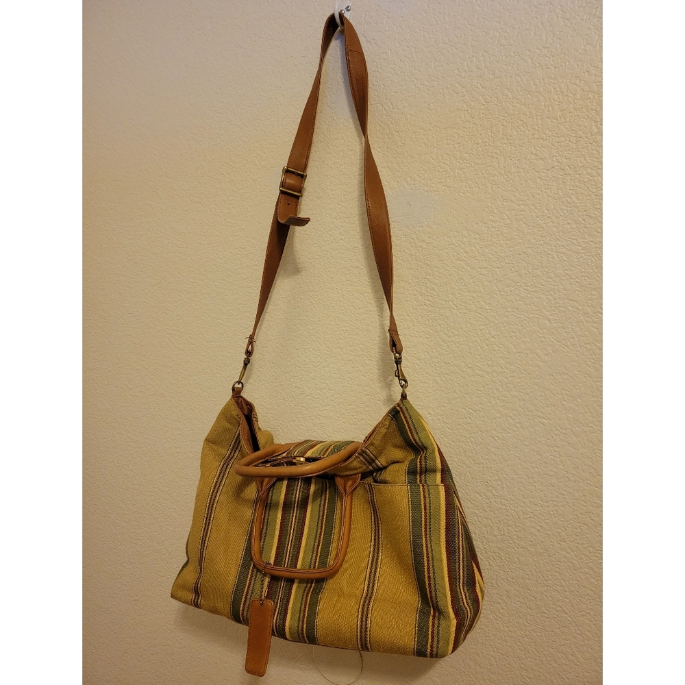 J JILL Striped Tan and Yellow Shoulder Bag leather Accents Canvas Tote Bag
